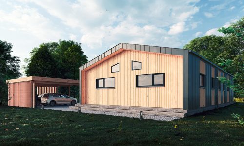 LeonWood-Blockhaus_Billund_03_Rueckansicht_mit_Carport_rgb